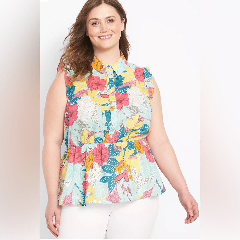 Lane Bryant Linen Cotton Sleeveless Floral Top Size 18 Pink Blue Yellow